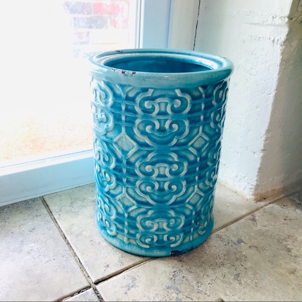Teal Blue Ceramic Umbrella Stand Vintage Style